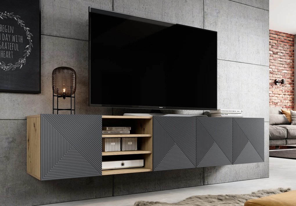 Szafka RTV Asha 200 cm wisząca z ryflowanym frontem i wnęką - artisan / rivier stone mat