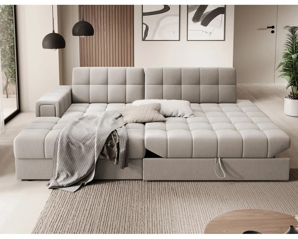 Beżowy aksamitny rozkładany narożnik (lewostronny/z szezlongiem) Blezalt – ELTAP