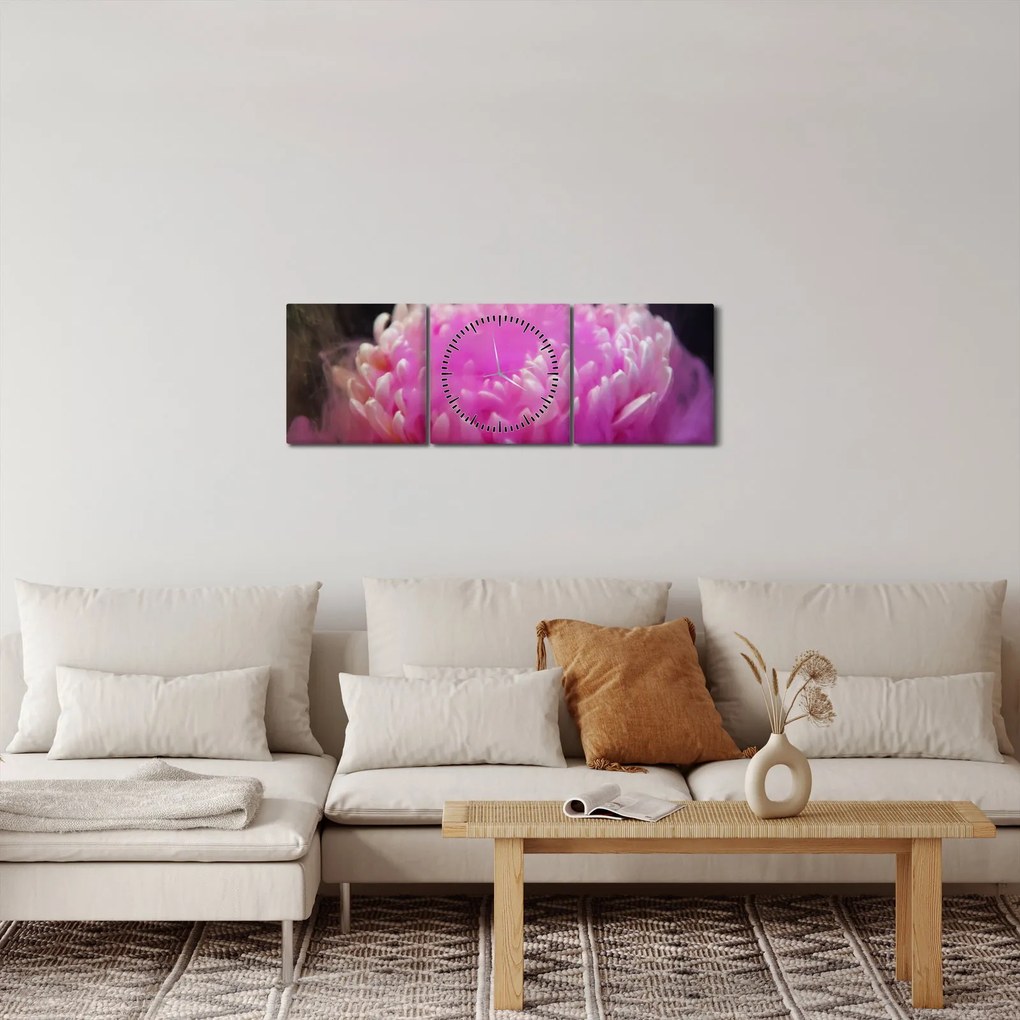 Obraz kwiatu w różowym dymie (z zegarem) (90x30 cm)