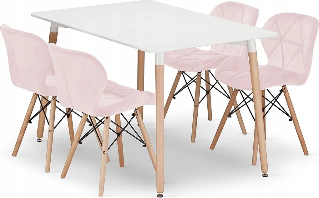 Valora YURO Stół prostokątny 120x80 biały + 4 krzesła WAKO różowe