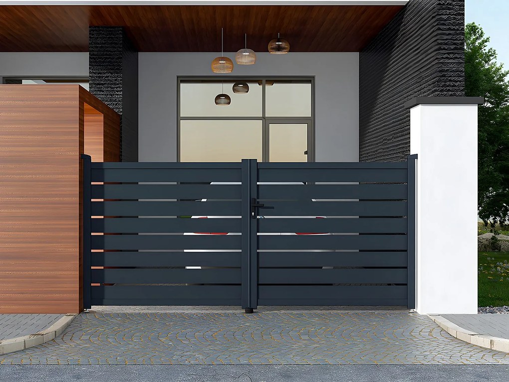Brama wjazdowa rozwierna PRIMO, ażurowa, z aluminium w kolorze antracytowym – 350 × 158 cm (szer. × wys.)