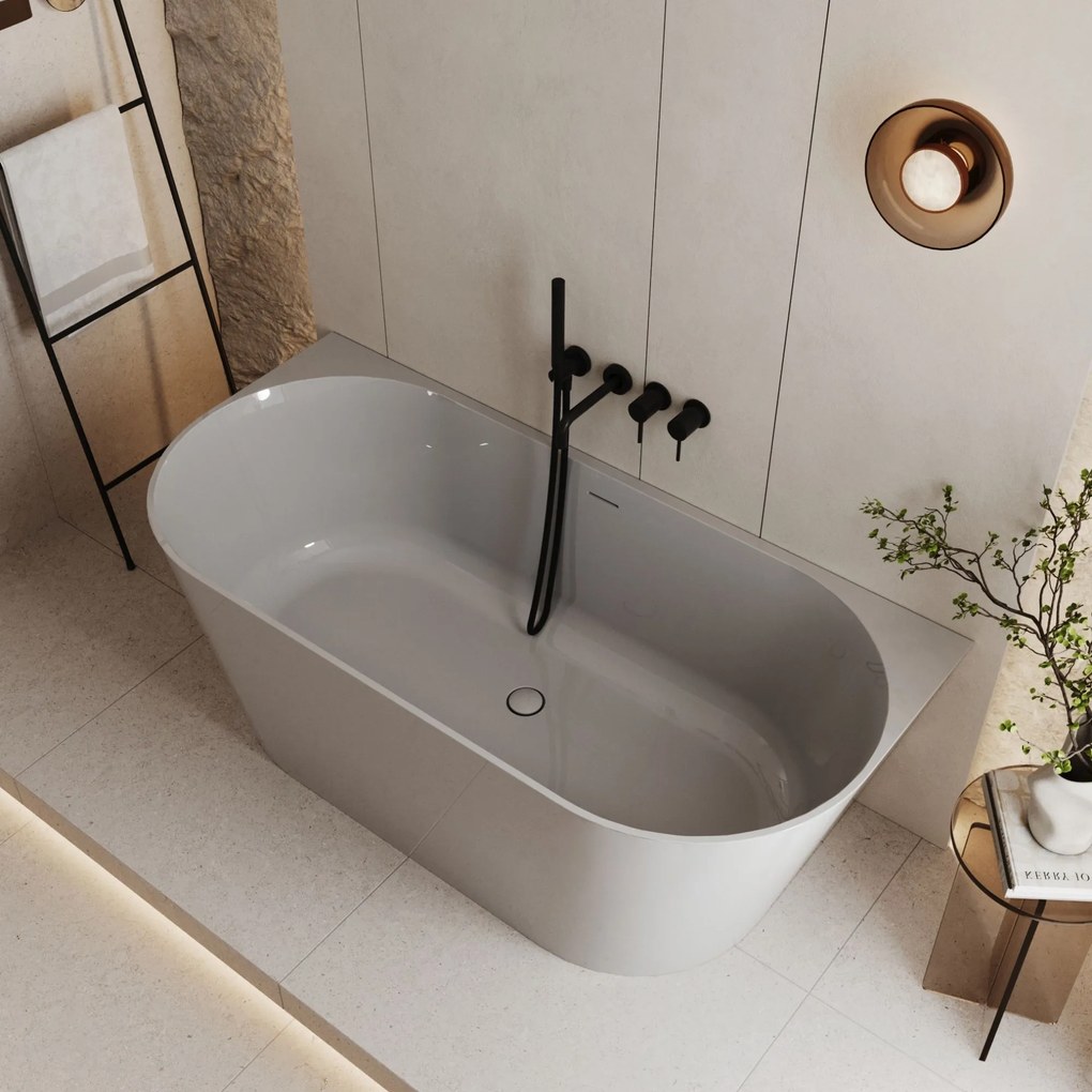 Wanna wolnostojąca przyścienna WALL Beige Matt / Glow  z konglomeratu beżowa matowa/błyszcząca 160 x 75 cm przelew typu SLIM : Kolor wanny - Szary połysk