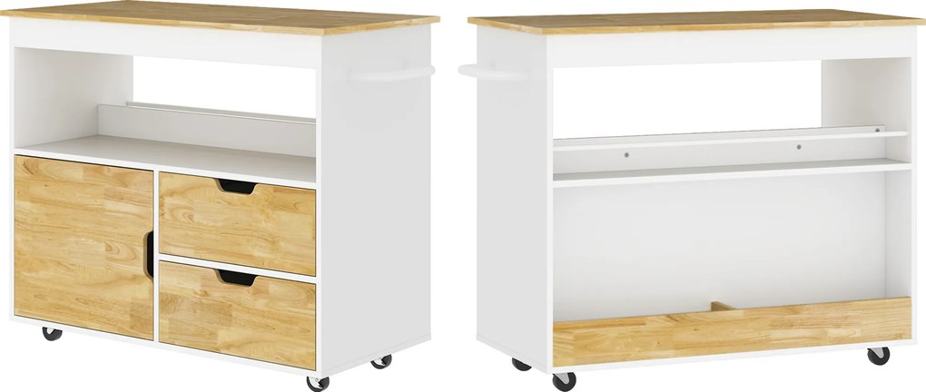 HOMCOM Wózek kuchenny, przenośna wyspa kuchenna, trolley kuchenny z przegrodami, szafką i blatem roboczym, Biały