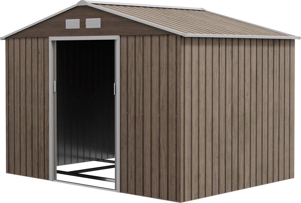 Outsunny Schowek Ogrodowy, 2 Drzwi Przesuwne, 4 Okna, Odporny na Warunki Atmosferyczne, Metalowa Konstrukcja, 2,7 x 1,9 x 1,9 m, Brązowy
