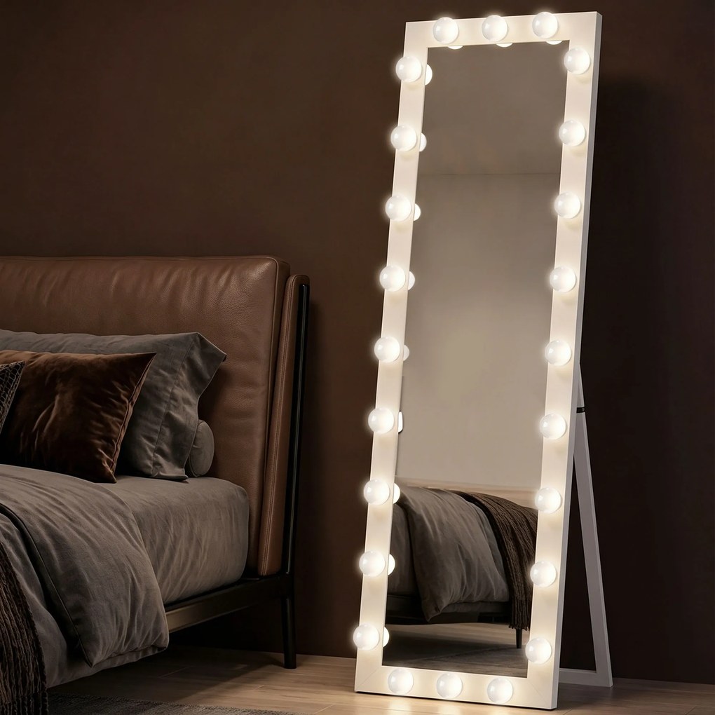 HOMCOM Lustro całopostaci 150x40 cm Lustro LED z 24 żarówkami 3 barwy światła, wolnostojące, do oparcia lub montażu na ścianie Biały | Aosom PL