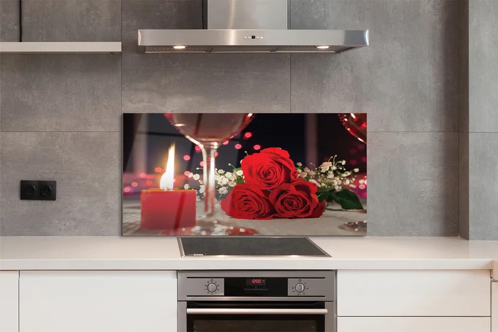 Szklany Panel Róże i Kieliszek przy Świecy