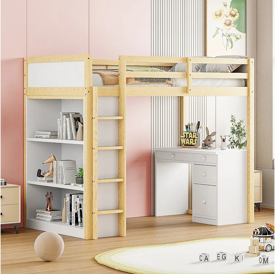 Łóżko piętrowe 90 x 200 cm ze schowkiem i biurkiem komputerowym - lite drewno i płyta MDF - naturalne i białe (bez materaca)