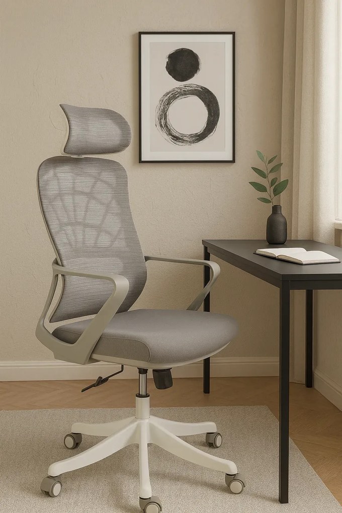 Popielaty fotel obrotowy z regulowanym zagłówkiem D5-F63