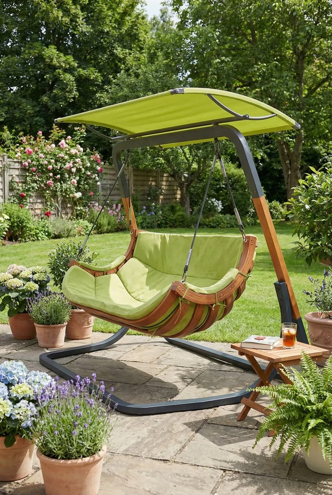 Zielony wiszący fotel ogrodowy z daszkiem E1-D00