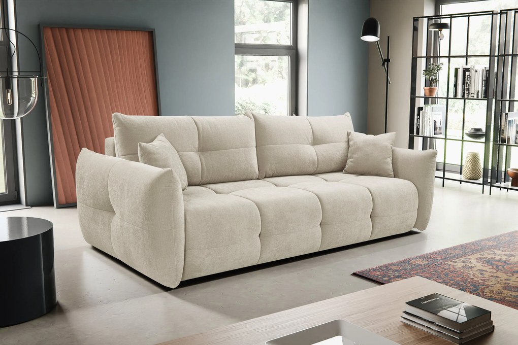 Masseno Sofa MODA z funkcją spania i pojemnikiem na pościel, Rozkładana sofa - Beżowy, WIND 05