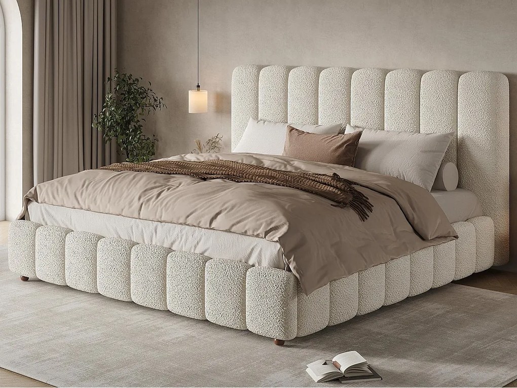 Tapicerowane łóżko z pojemnikiem 180x200cm - z stelażem lamelowym - Tkanina bouclé - Biały​ (bez materaca)