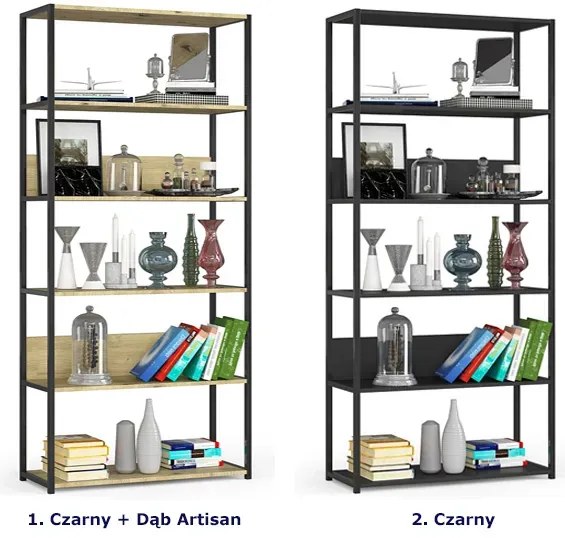 Otwarty regał z 6 półkami czarny + dąb artisan - Olav 6X