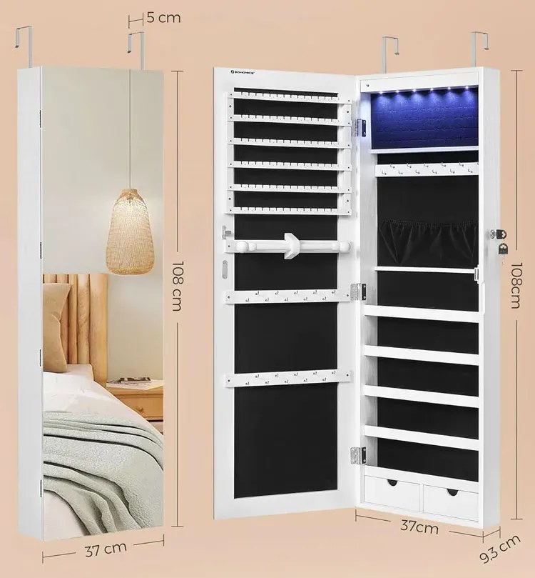 Biała szafka wisząca na biżuterię z lustrem na klucz W1-F86