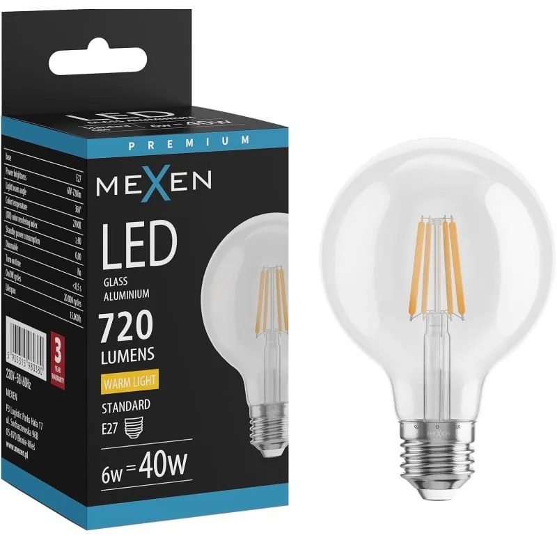 Mexen Vintis żarówka filament LED E27, G80, 6W, Ciepła - 2700K, 720 lm, clear - L155-E27-0627-00