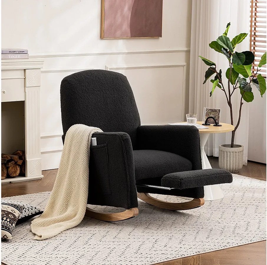 Fotel bujany do salonu, ciemnoszary plusz, fotel bujany z wysuwanym podnóżkiem, rama drewniana