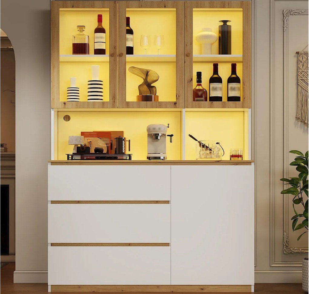 Witryna/wysoka szafa z oświetleniem LED - 200 cm wysokości - 4 drzwi i 3 szuflady - Biały i naturalny