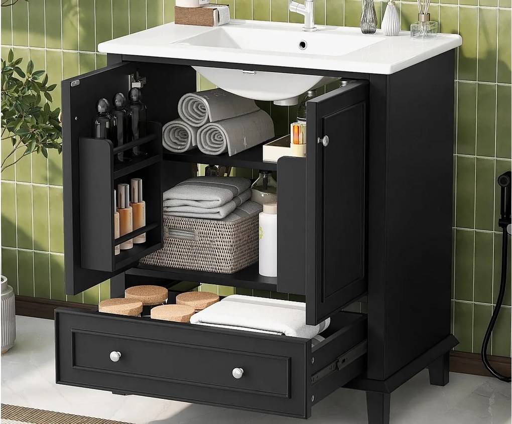 Stojący mebel łazienkowy - z ceramiczna umywalką - 2 drzwi i 1 szuflada - czarny​ (bateria nie jest wliczona w cenę)