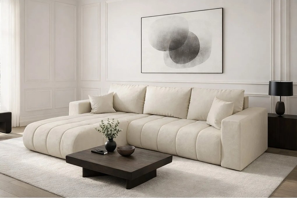 Narożnik z funkcją spania i pojemnikiem MILO PREMIUM, tkanina Monolith, Ecru, Lewy