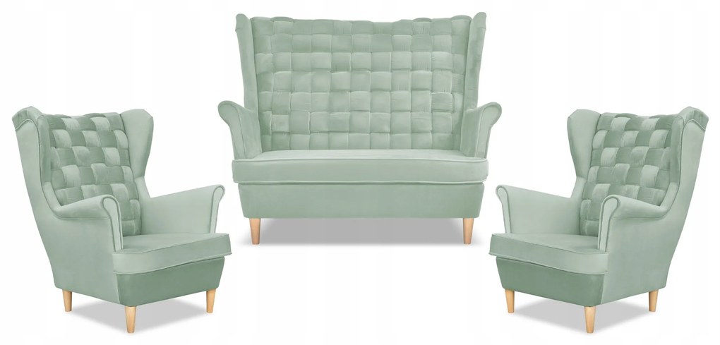 Zestaw wypoczynkowy Carol sofa fotele paski Family Meble seledynowy