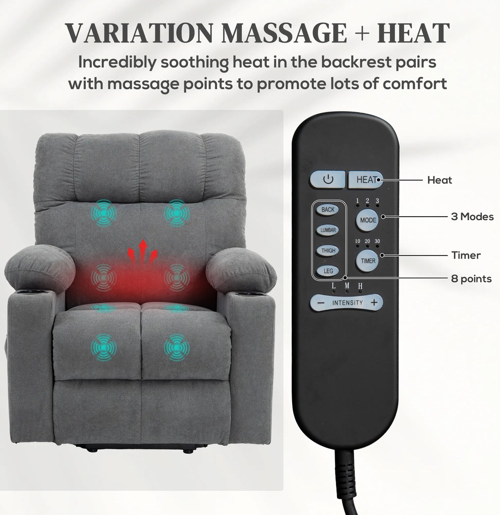 HOMCOM Fotel dla seniora z funkcją leżenia i pilotem szary 144 cm x 91 cm x 88 cm idealny do pomocy przy wstawaniu | Aosom PL