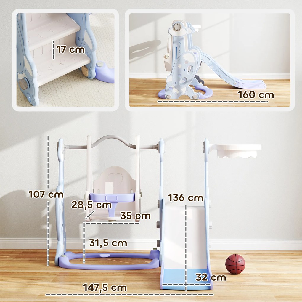 AIYAPLAY 4 w 1 Kryty plac zabaw, zestaw zjeżdżalni i huśtawki dla małych dzieci, kosz do koszykówki, design rakietowy, plastik, Jasnoniebieski