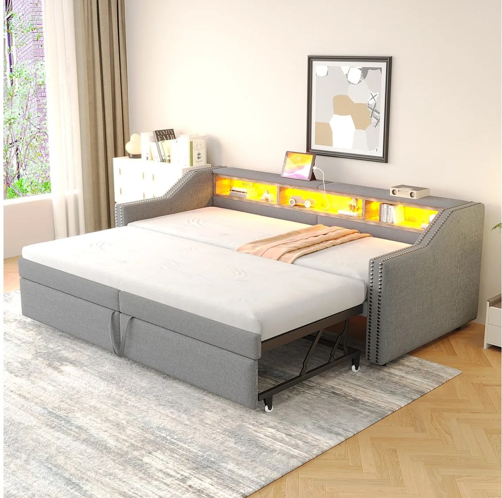 Tapicerowana rozkładana sofa - 90/180 x 200 cm - ze schowkiem + diodami LED + port USB - len + metal + sklejka + płyta MDF - jasnoszary
