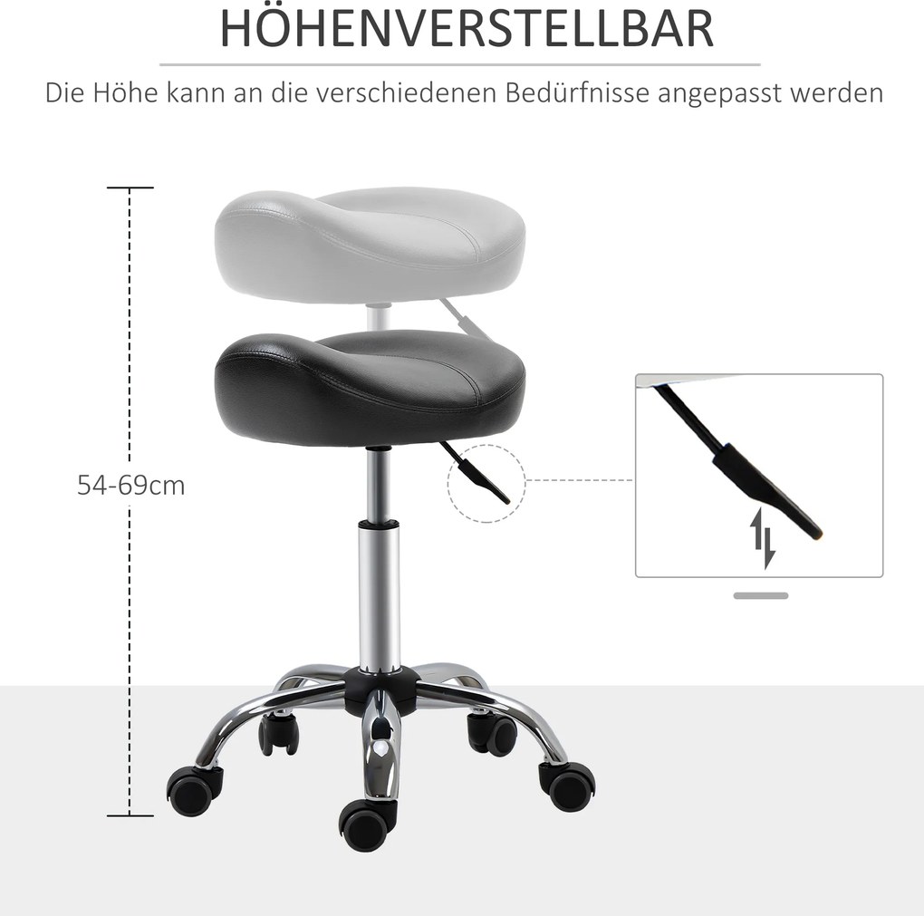 HOMCOM Taboret Salonowy z Siedziskiem Siodłowym, Regulowany, Ekoskóra, 48x48x54-69cm, Czarny