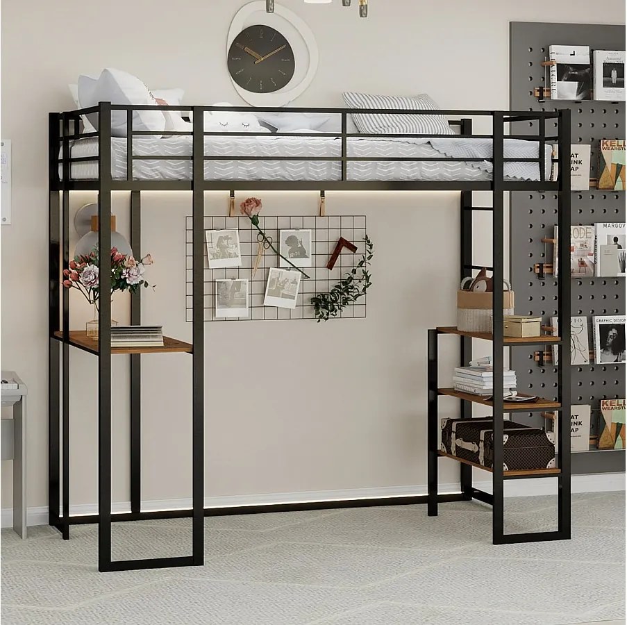 Łóżko piętrowe 90x190 cm - Łóżko młodzieżowe z biurkiem i półkami - czarne - materac nie jest wliczony w cenę