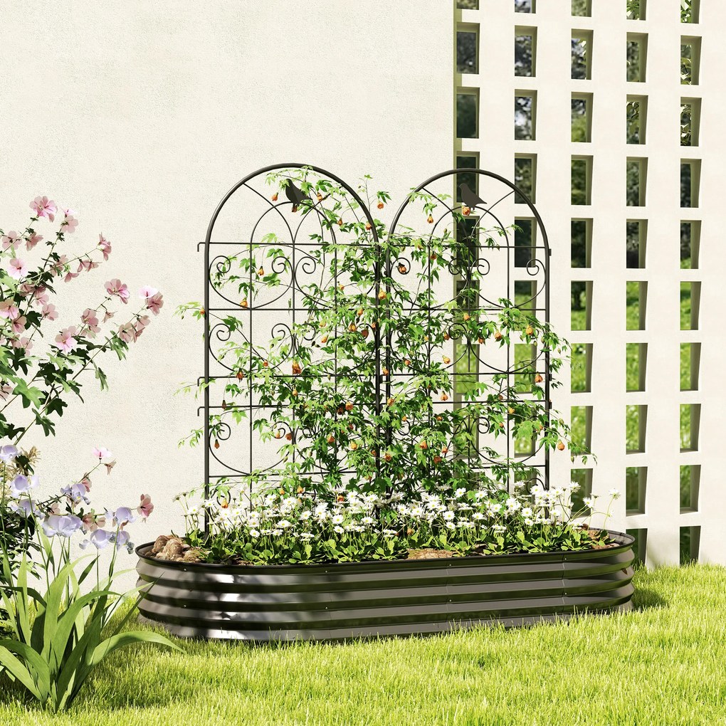 Metalowa Pergola Outsunny, Zestaw 2szt. do Wbijania, Odporna na Rdzę, z Motywem Ptaków na Rośliny Pnące 50x120 cm, Czarna