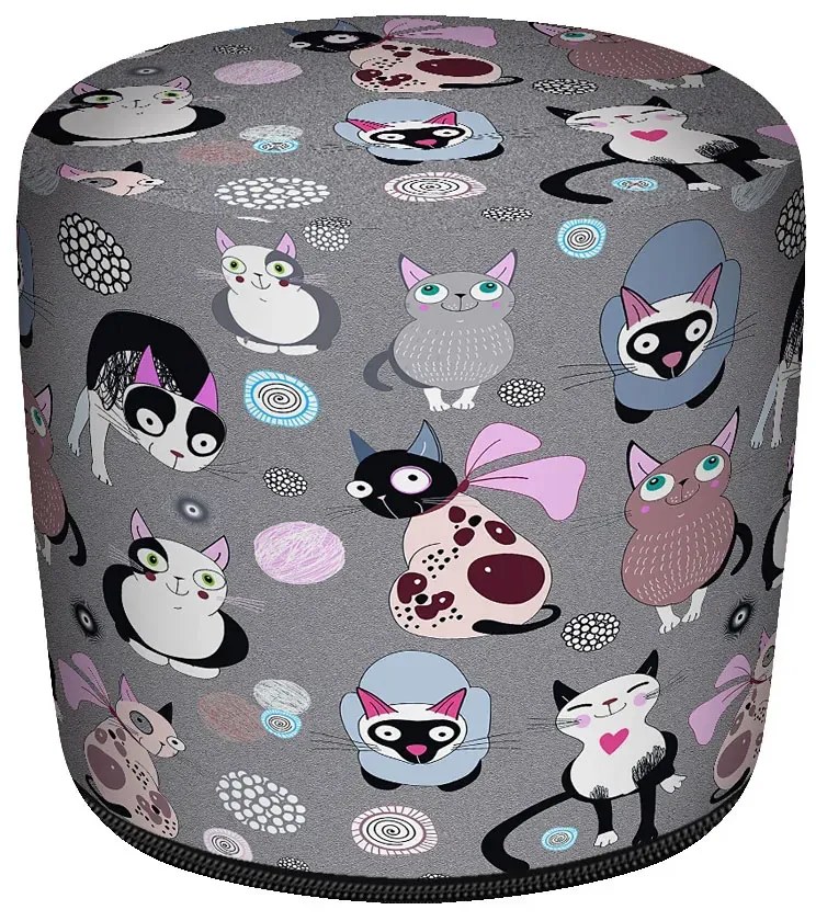Szara okrągła pufa dziecięca w kotki G3-P93