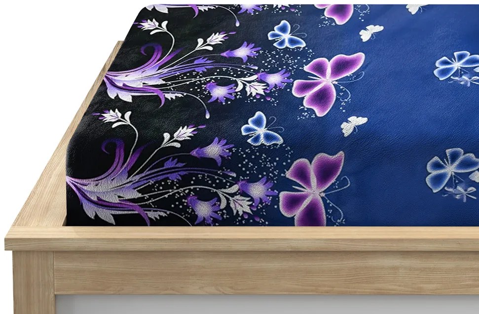 PrzytulneMieszkanie.pl Prześcieradło z mikropluszu VIOLET BUTTERFLY 160x200 cm ciemnoniebieskie