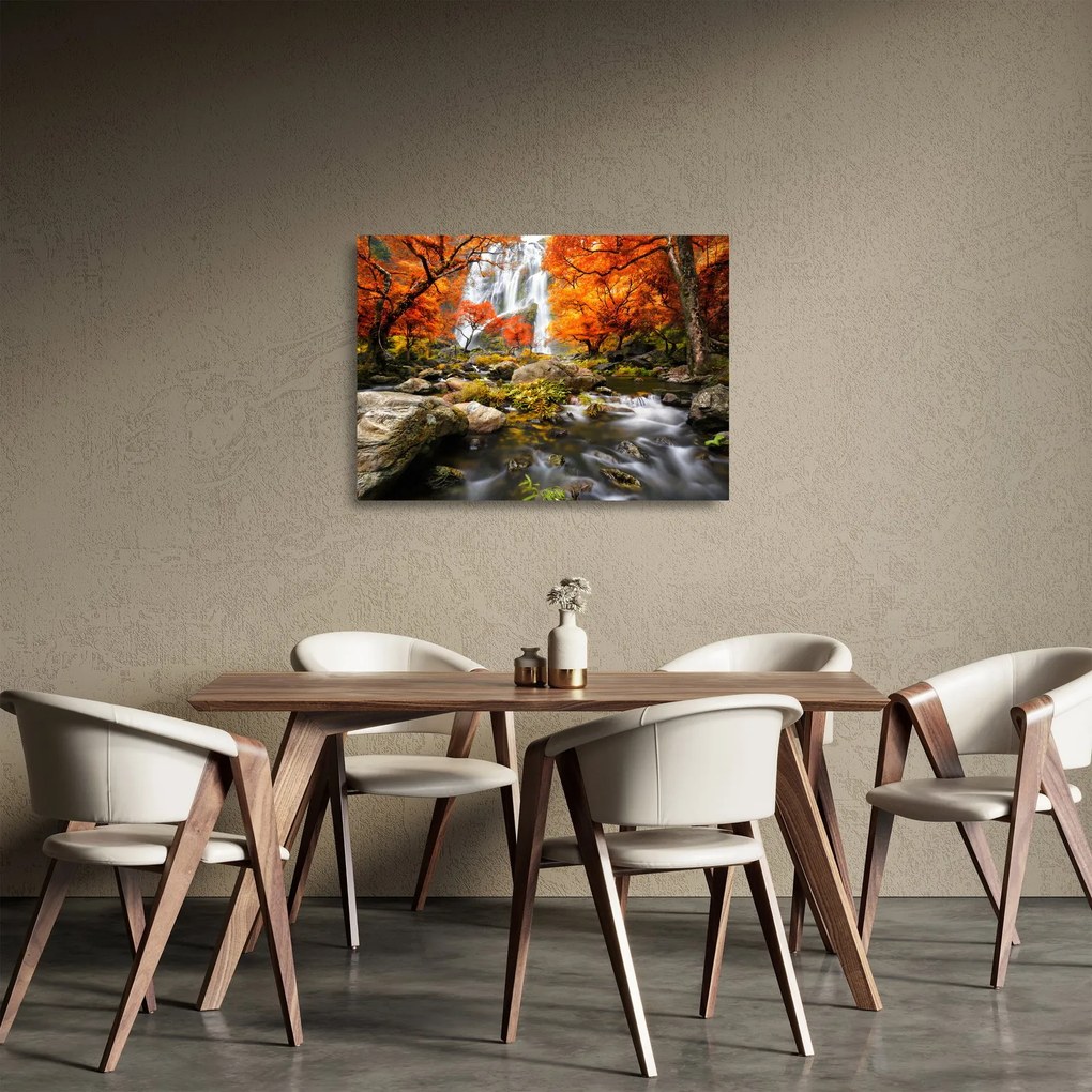 Obraz na szkle - Wodospady w jesiennym krajobrazie, pomarańczowy (70x50 cm)