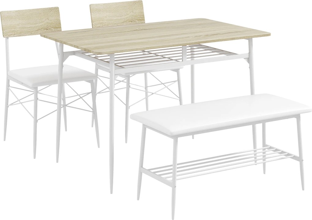 HOMCOM 4-częściowy zestaw stołowy z krzesłami i ławką na 4 osoby, siedzenia tapicerowane, stalowy stelaż, drewno, Biały