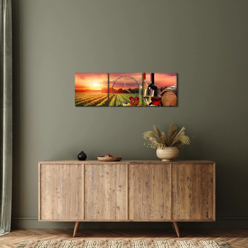 Obraz winnicy z winem (z zegarem) (90x30 cm)