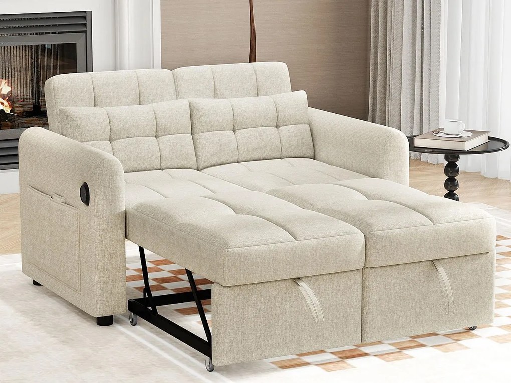 Kanapa 3 w 1 - Kanapa 2-osobowa - Regulowane oparcie - Z portem USB - Kieszenie w podłokietnikach + Poduszki - beżowa