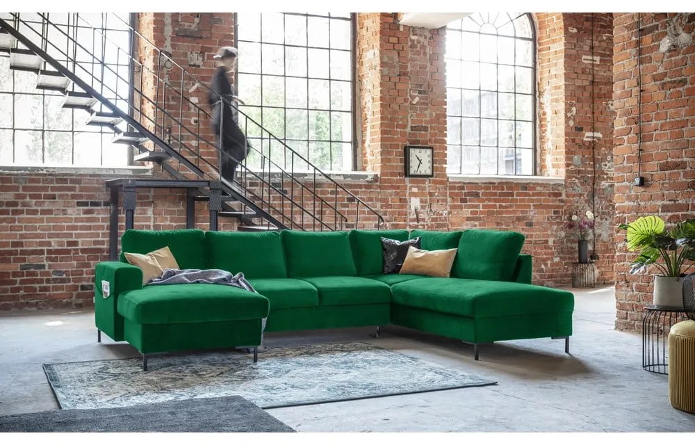 Zielona aksamitna rozkładana sofa w kształcie litery "U" Miuform Lofty Lilly, prawostronna