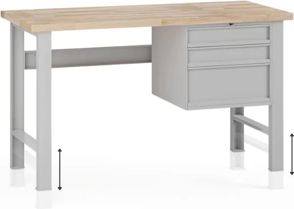 Stół warsztatowy z regulacją wysokości G7, blat bukowy, 1500 x 800 x 840-1040 mm, 1x kontener, 3x szuflada, szary