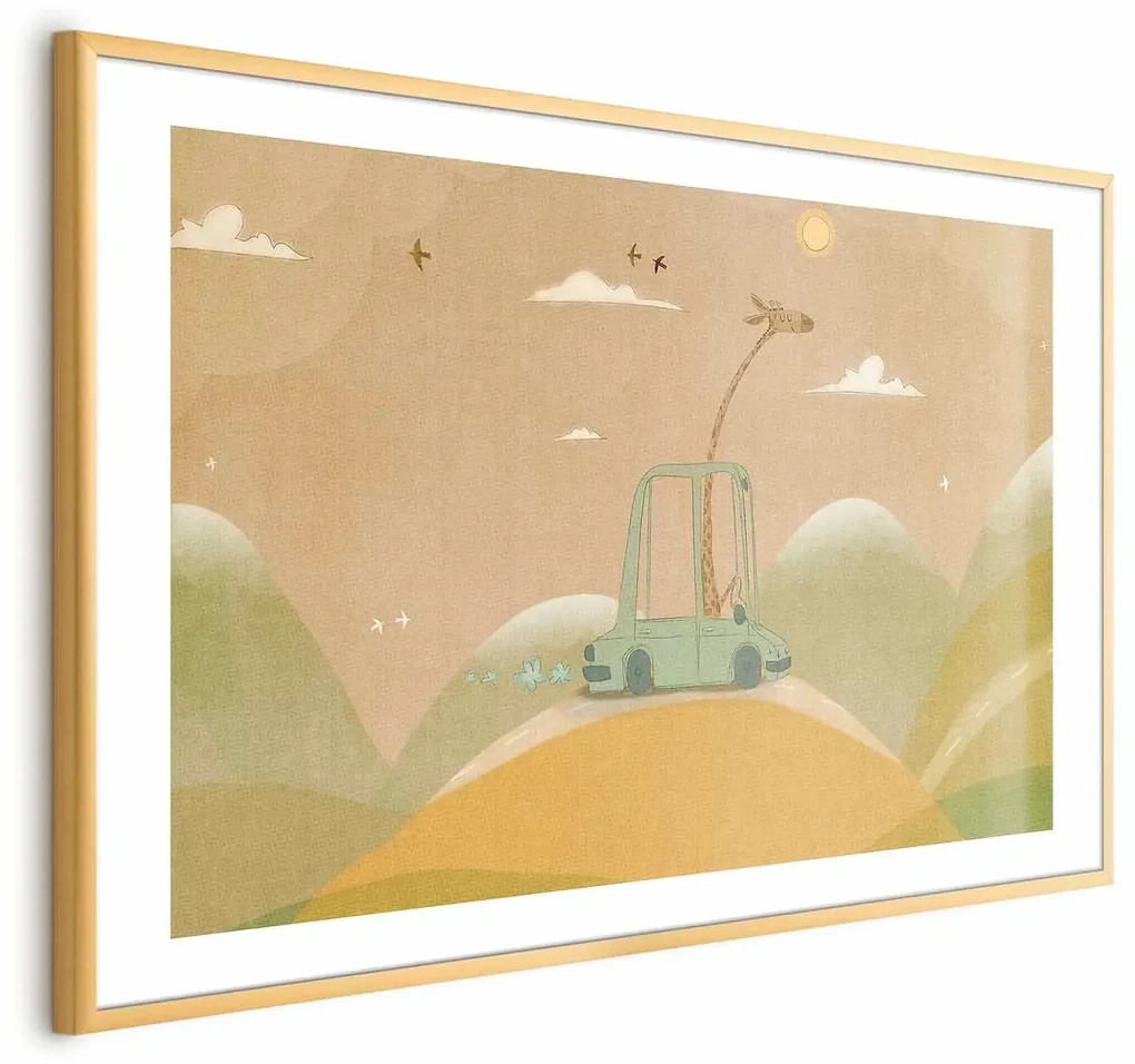 Plakat Podróżująca żyrafa 30x21 cm z ramą złotą z marginesem ARTGEIST B