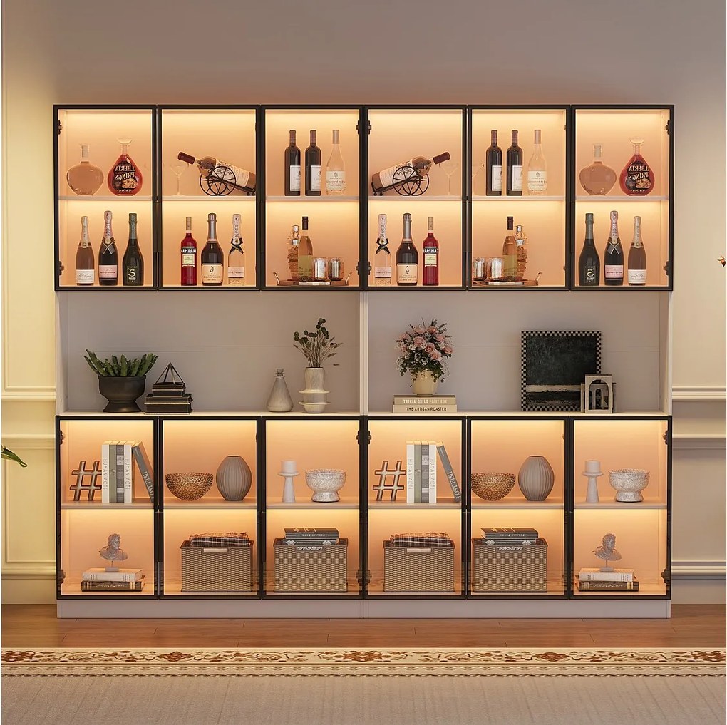 2 nowoczesne, wysokie gabloty szklane – 120 x 34 x 200 cm – z diodami LED + 6 drzwi + półka – płyta wiórowa – kolor biały