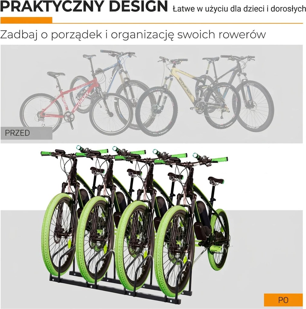 HOMCOM Stojak na 4 rowery Trwały i odporny na warunki atmosferyczne Montaż na ścianie lub podłodze Stal Srebrny 110x33x27cm | Aosom PL