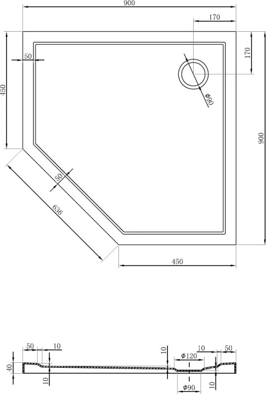 Mexen Flow brodzik pięciokątny slim 90 x 90 cm, biały połysk - 46P109090