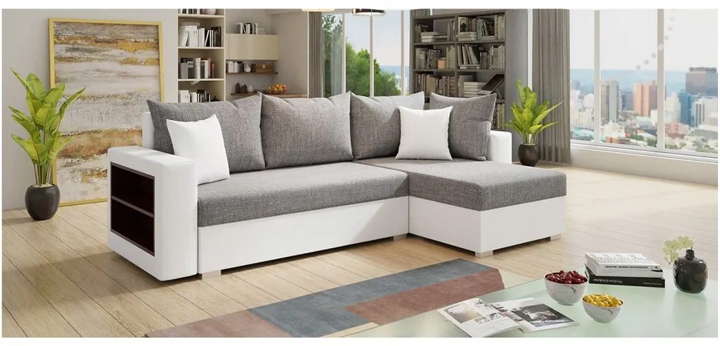 Sofa narożna KONGO, uniwersalny mebel z funkcją spania i praktyczną półką