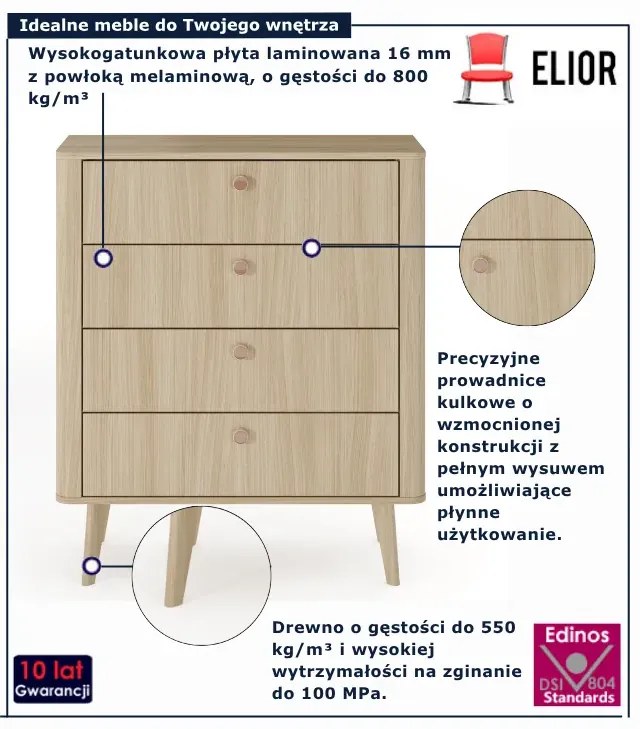 Komoda z 4 szufladami na nóżkach dąb barista R5-H73