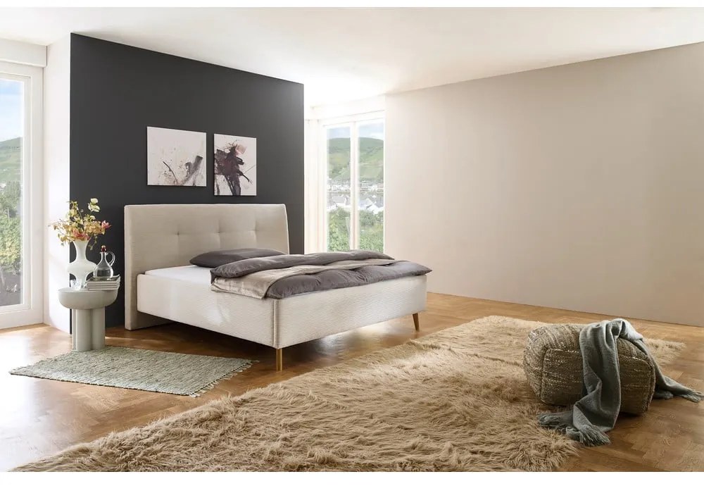 Beżowe tapicerowane łóżko dwuosobowe ze schowkiem i stelażem 180x200 cm Madea – Meise Möbel