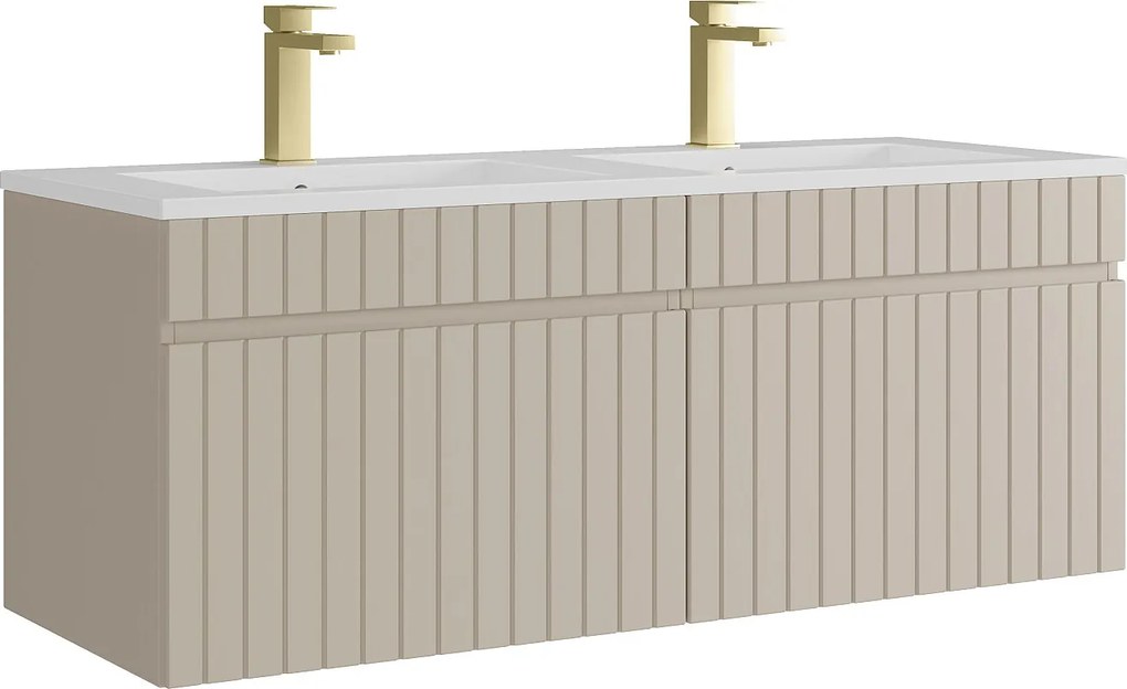 Wisząca szafka łazienkowa prążkowana beżowa z umywalką podblatową do zabudowy i baterią - 120 cm - SATARA