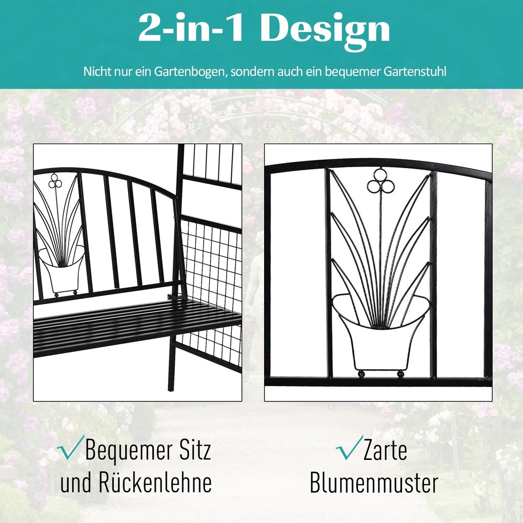 Outsunny Łuk Ogrodowy z Ławką Metalowa Brama Pergola Kratka dla Roślin Wspinających Czarny 152x58x207cm | Aosom PL