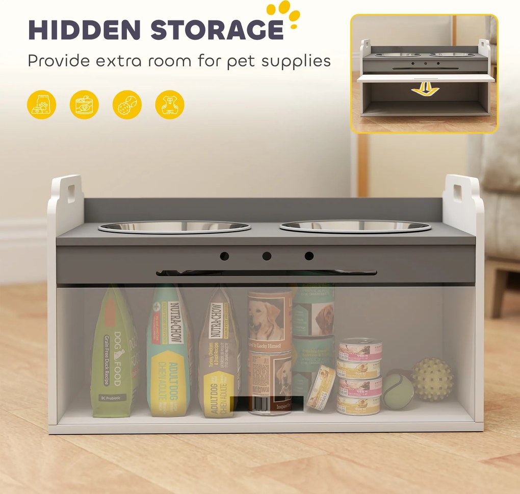 PawHut Podwyższana miska z szafką do przechowywania, 2 miski z pierścieniami antypoślizgowymi, 60 x 30 x 35,5 cm, Biały | Aosom PL