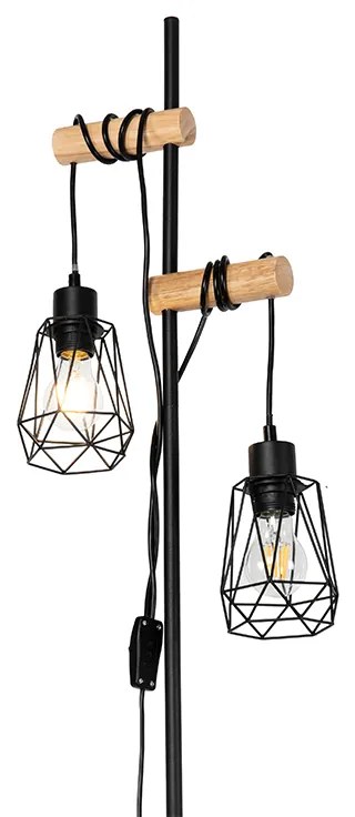 Lampa podłogowa rustykalna czarna z drewnem 2-światłowa z kloszem - Dami Frame