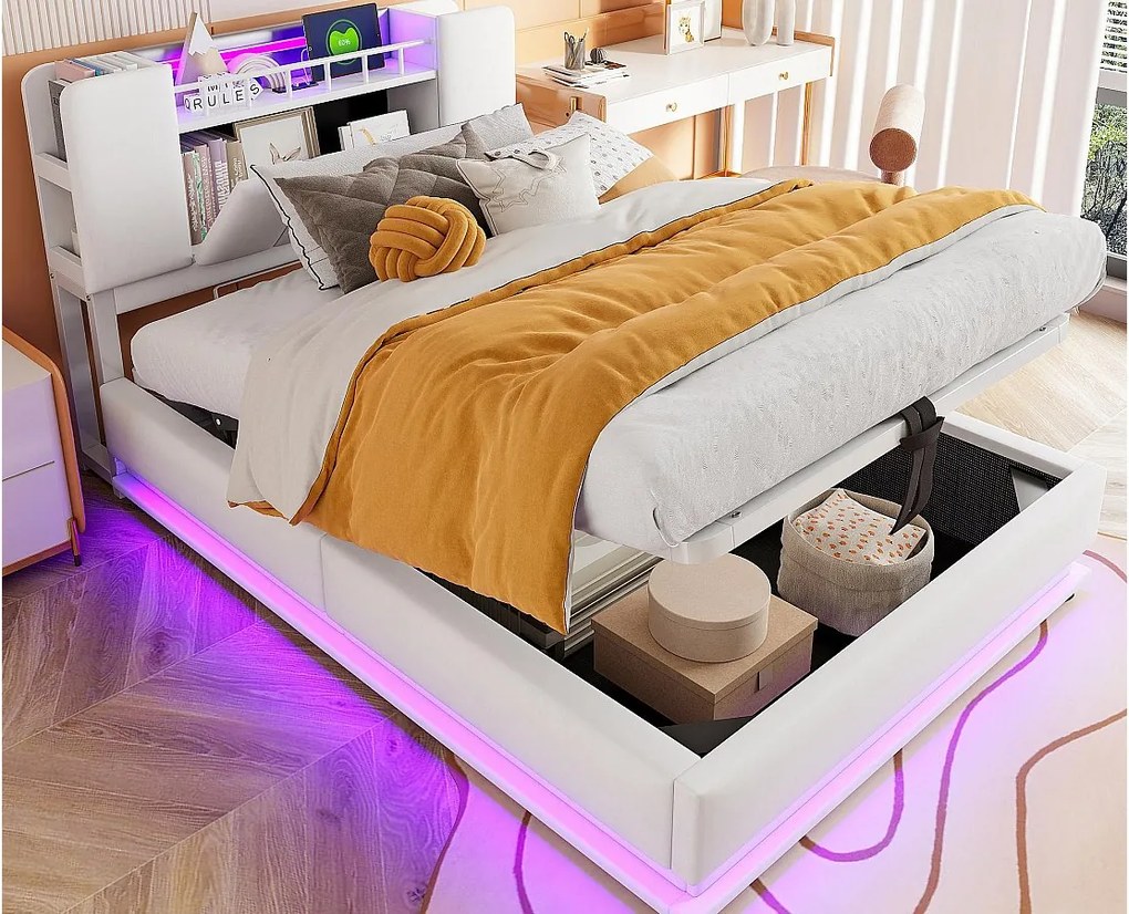 Łóżko tapicerowane ze schowkiem 90x200 cm - z oświetleniem LED - z portem USB - welur - beżowy (materac nie jest wliczony w cenę)