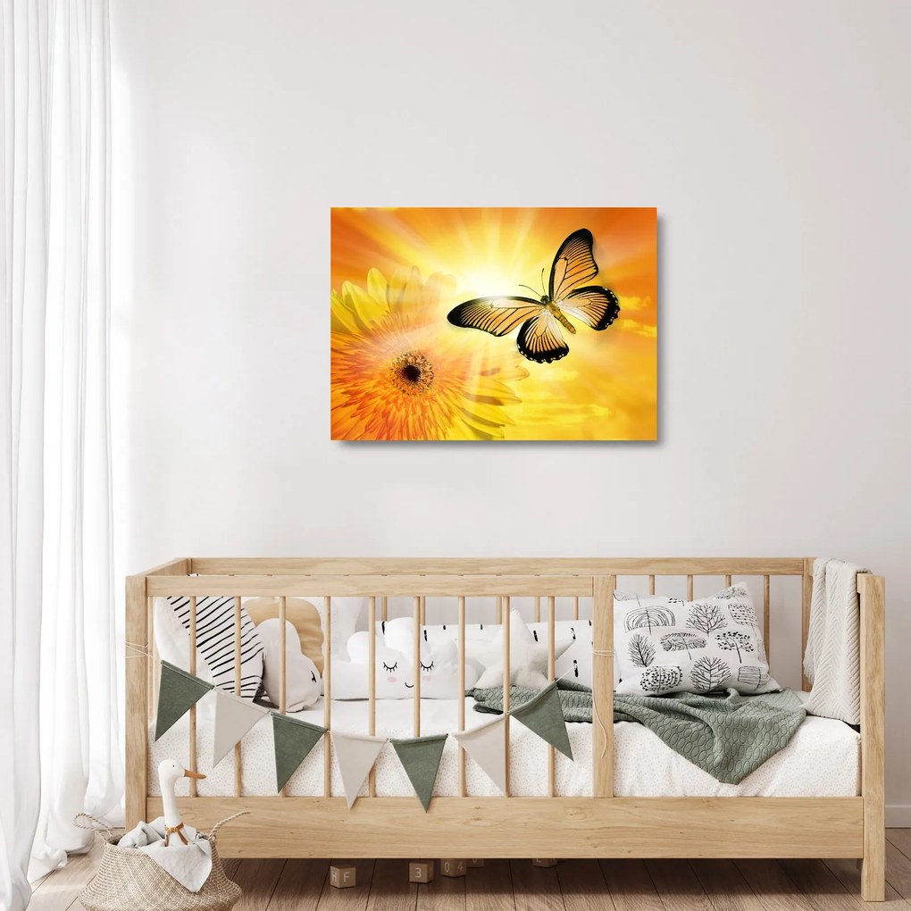 Obraz na szkle - Żółty motyl z kwiatkiem (70x50 cm)